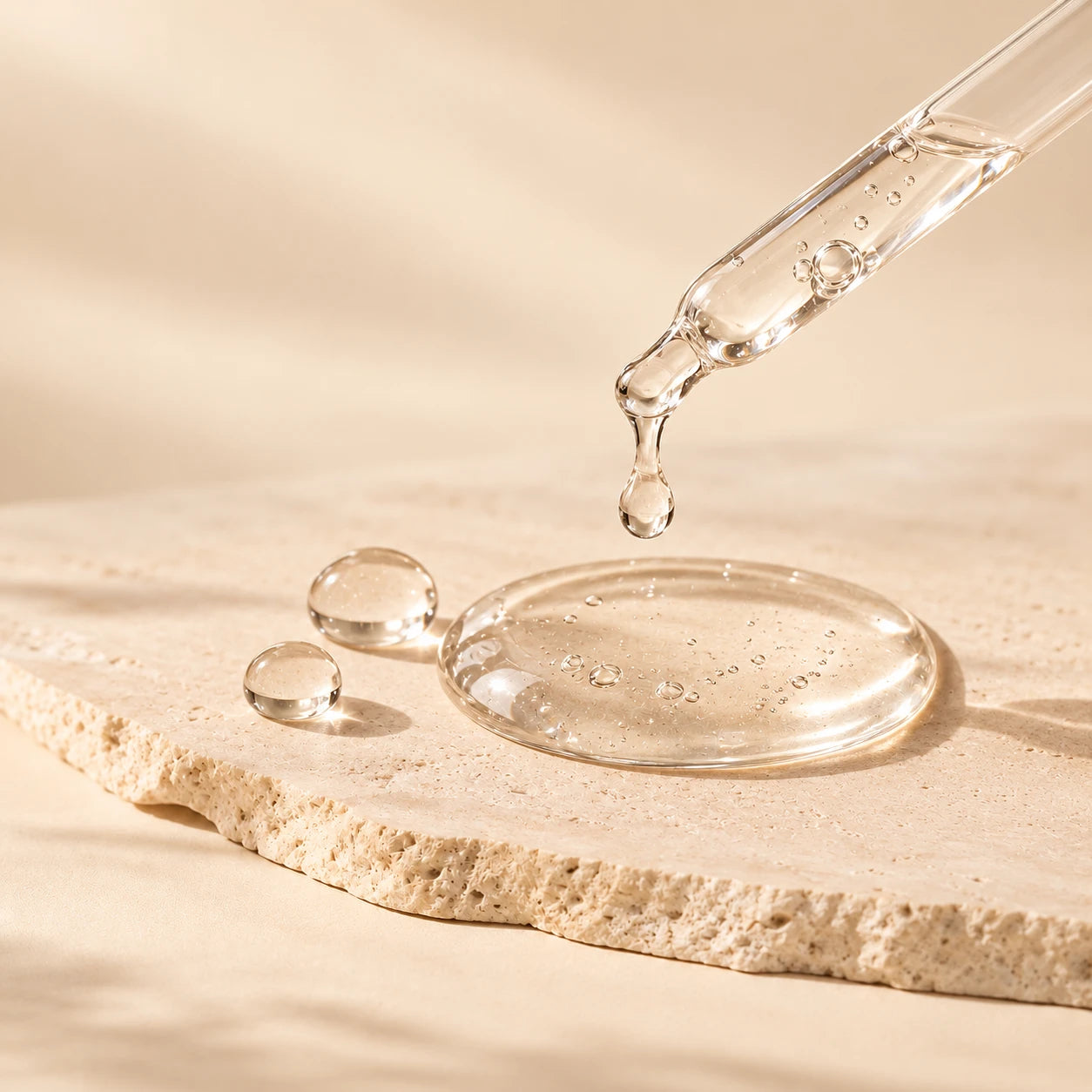 A dropper releasing clear glycerin onto a stone surface