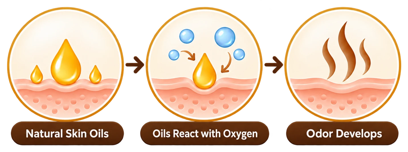 Diagram: natural skin oils react with oxygen and odor develops