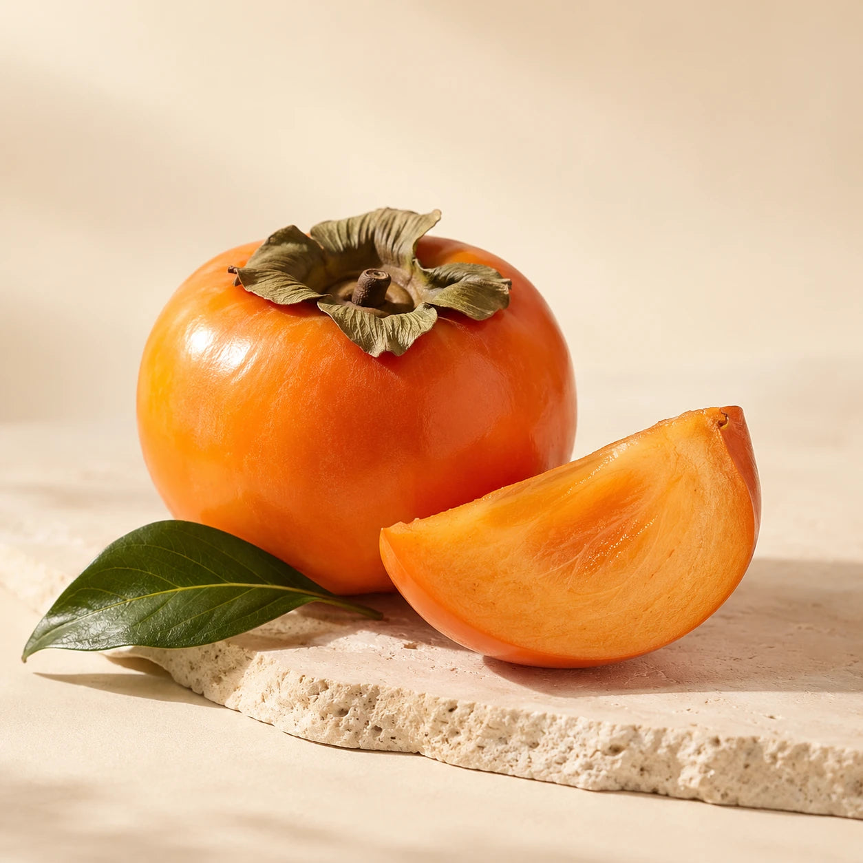 A ripe persimmon with a slice and leaf on a stone surface