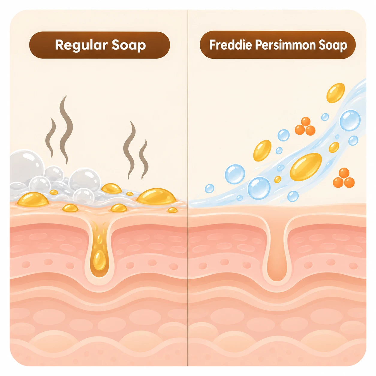 Cross-section of skin comparing regular soap, which leaves oils and odor at the surface, with Freddie Persimmon Soap, which rinses clean