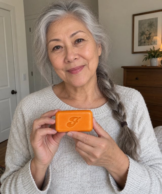 Customer holding Freddie Persimmon Soap