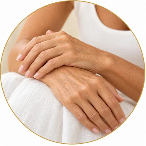 Woman's hands resting on her lap