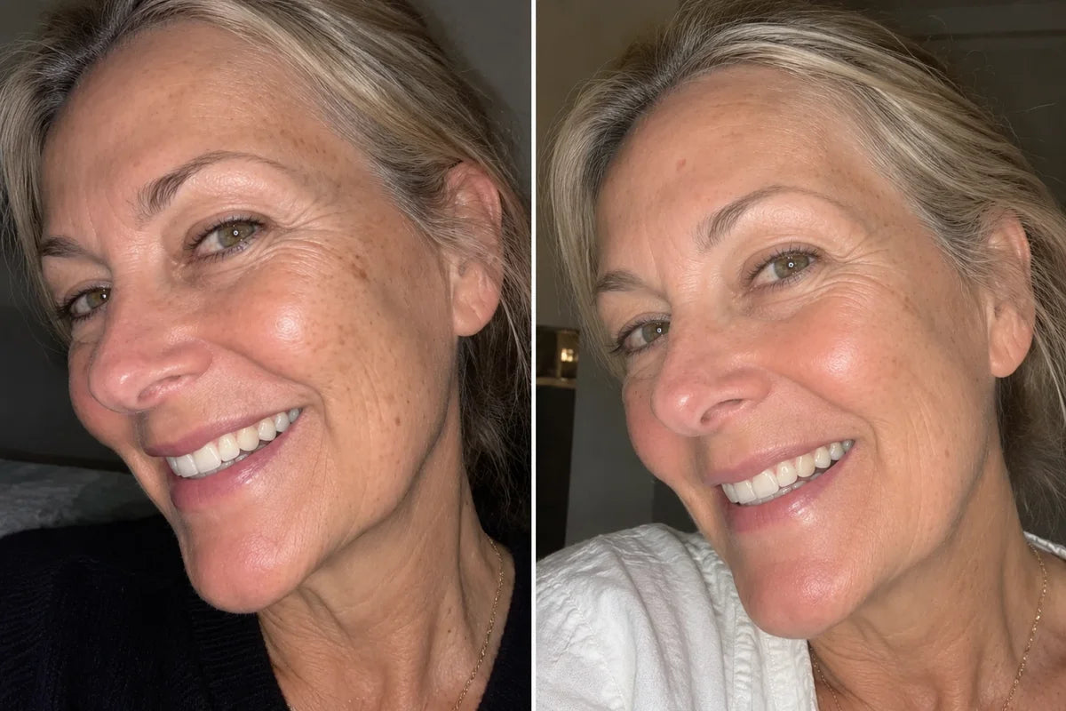 Before and after photo showing dark spots on the face