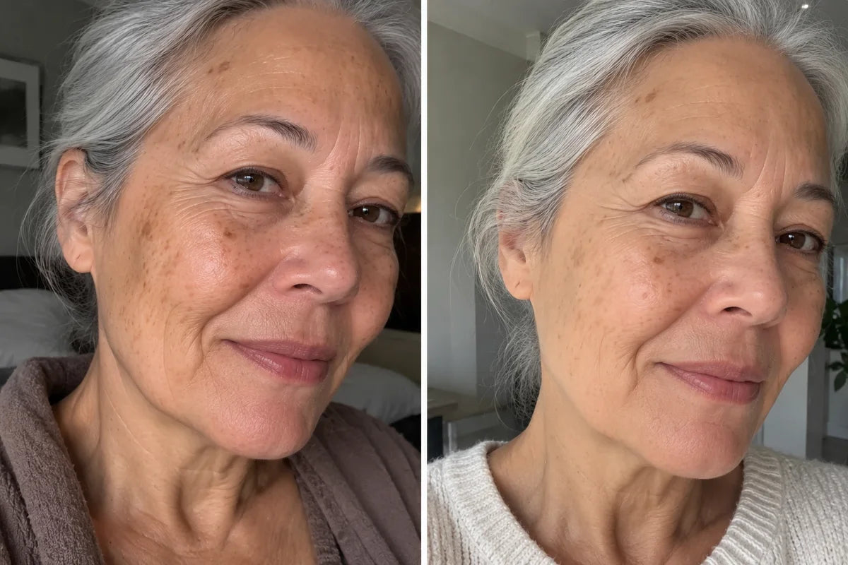 Before and after photo showing dark spots on the face
