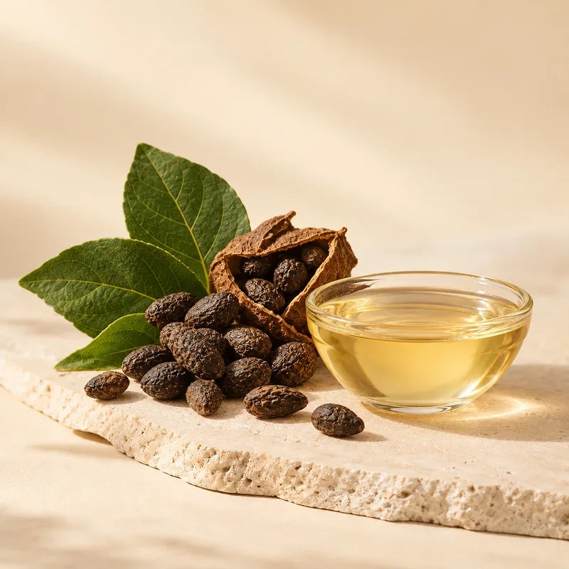 Bakuchiol seeds with green leaves and a bowl of oil on a stone slab